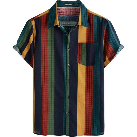 Men's Cotton Linen Vintage Pattern Printed Old Style Shirt Casual Short Sleeve - Picture 1 of 7